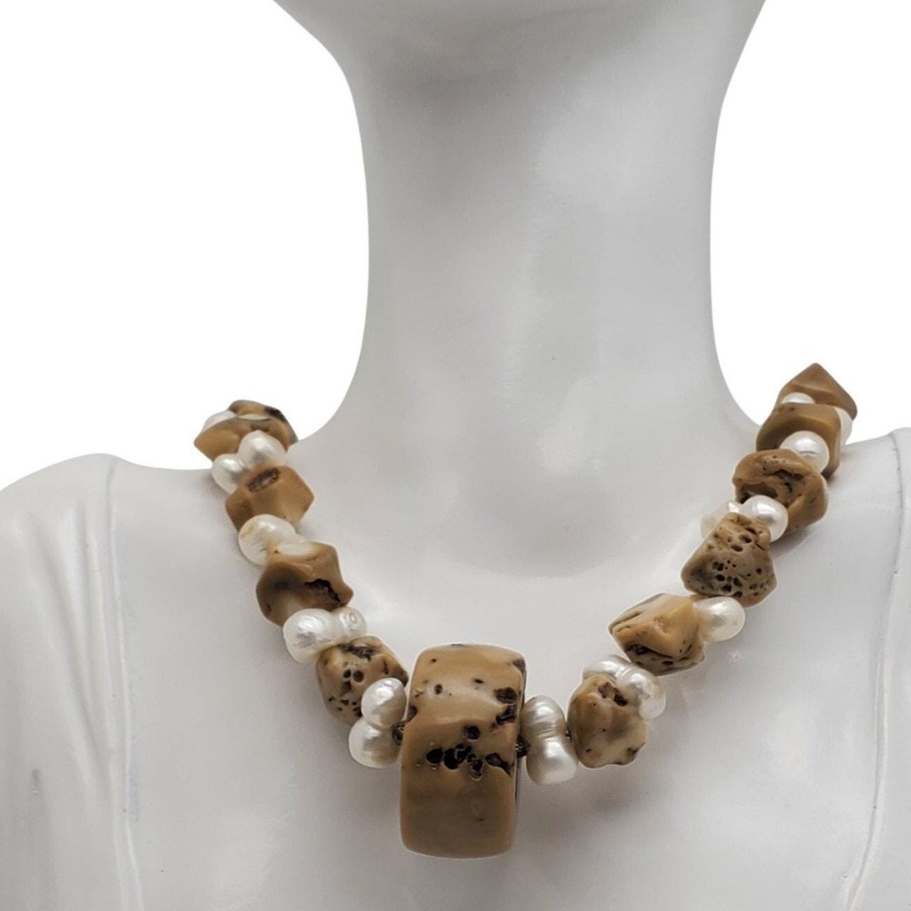 Vintage Tan Coral Freshwater Pearl Choker Chunky Nugget Necklace Sterling Silver